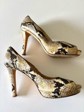 AUTH Kate Spade Gold Wash Leather Snakeskin Platform Peep Toe Pumps Italy  10 B
